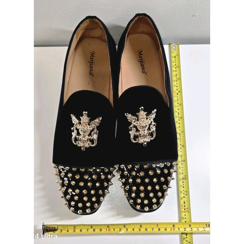 Mejijana Mens Velvet‎ Smoking Loafers SZ 12 Black Gold Studded Toe Crest Slip-On